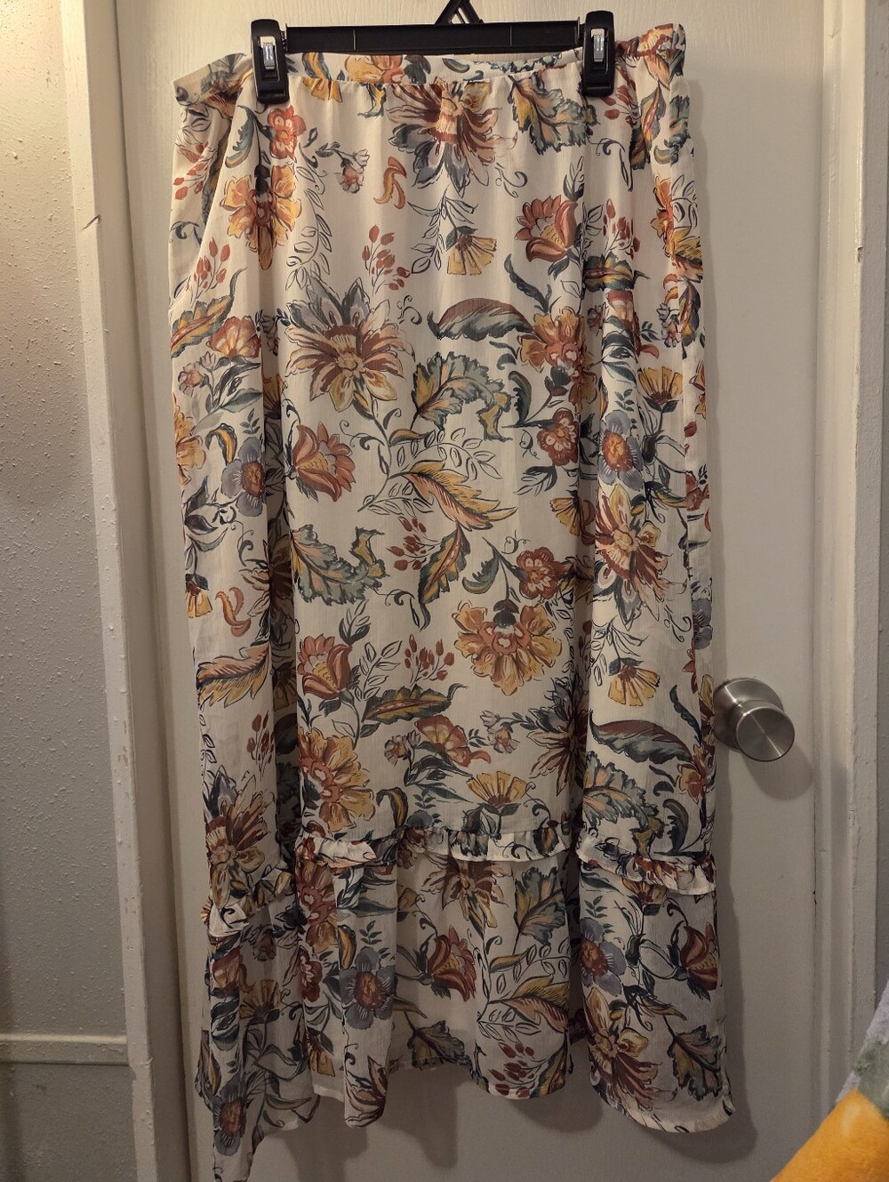 Christopher & Banks Cream Floral Midi Skirt with Mustard & Rust Blooms